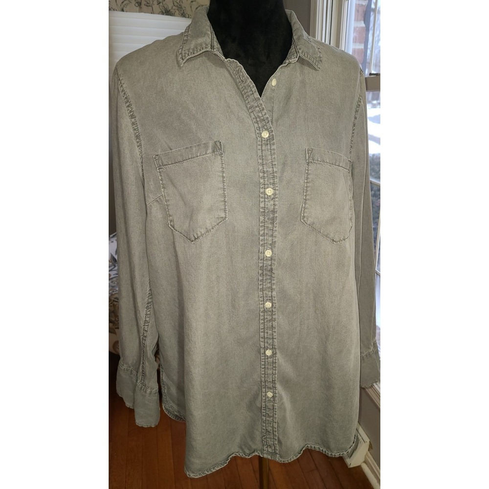 VTG Merona Button Down Gray Denim Chambray Top Women's Pockets Size XXL